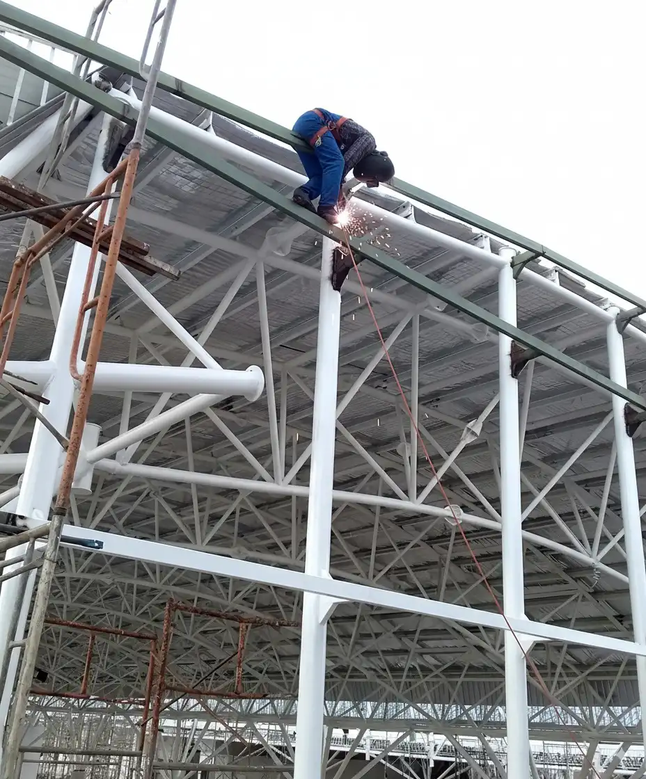 Pekerja sedang mengelas di ketinggian