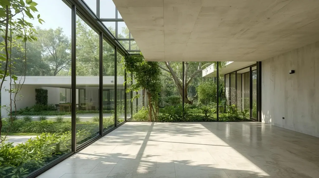 Arsitektur biofilik dengan ruang terbuka luas dan tanaman